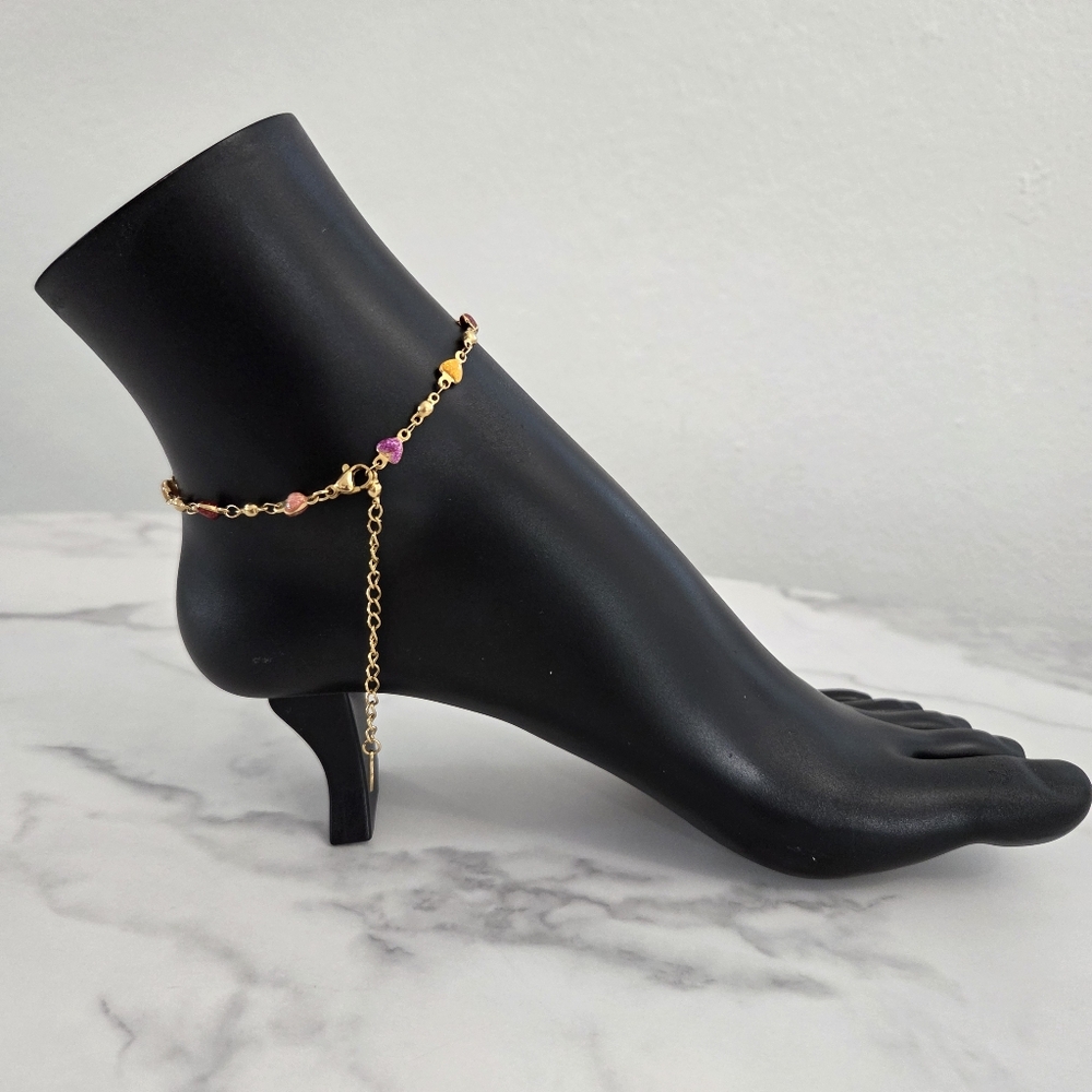 Adjustable 18k Gold Plated Anklet with Colorful Heart Charms - Picture 6 of 12